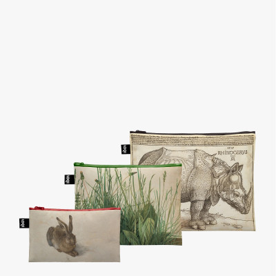 3 taštičky Albrecht Durer: Rhinocerus, The Large Piece of Turf, Hare - LOQI Zip Pockets