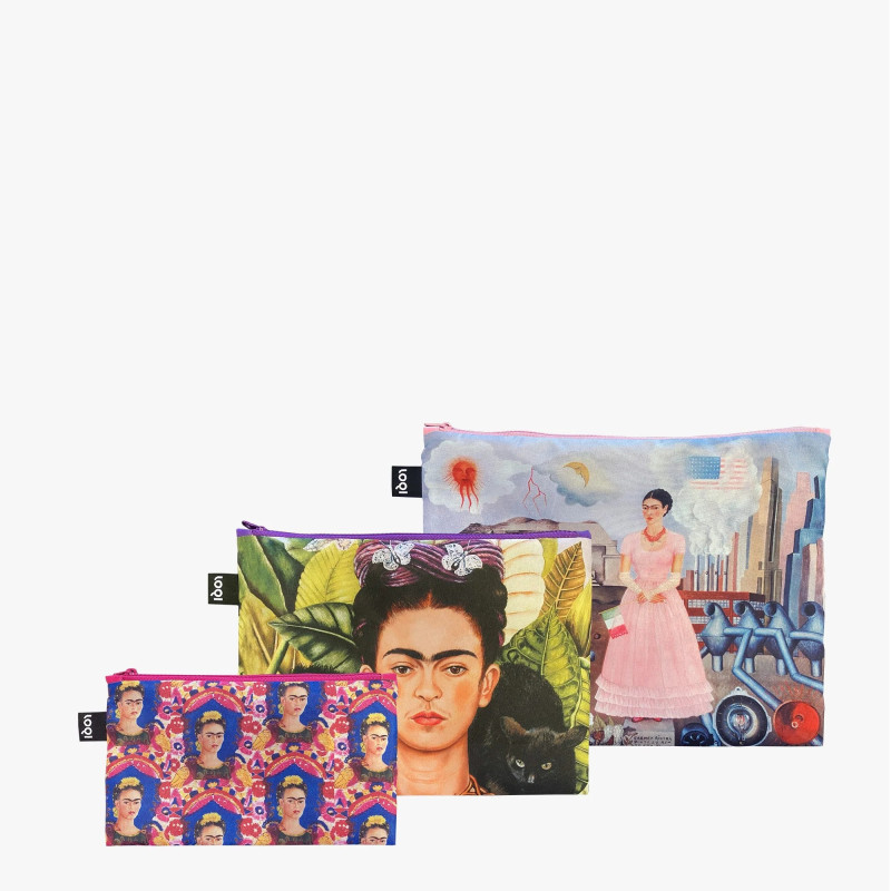 3 taštičky FRIDA KAHLO Self Portrait on the Borderline, Self Portrait With Hummingbird, The Frame - LOQI zip pockets