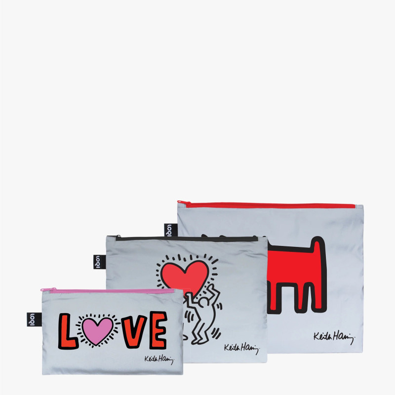 3 taštičky KEITH HARING Dog, Heart, Love Reflective Zip Pockets LOQI